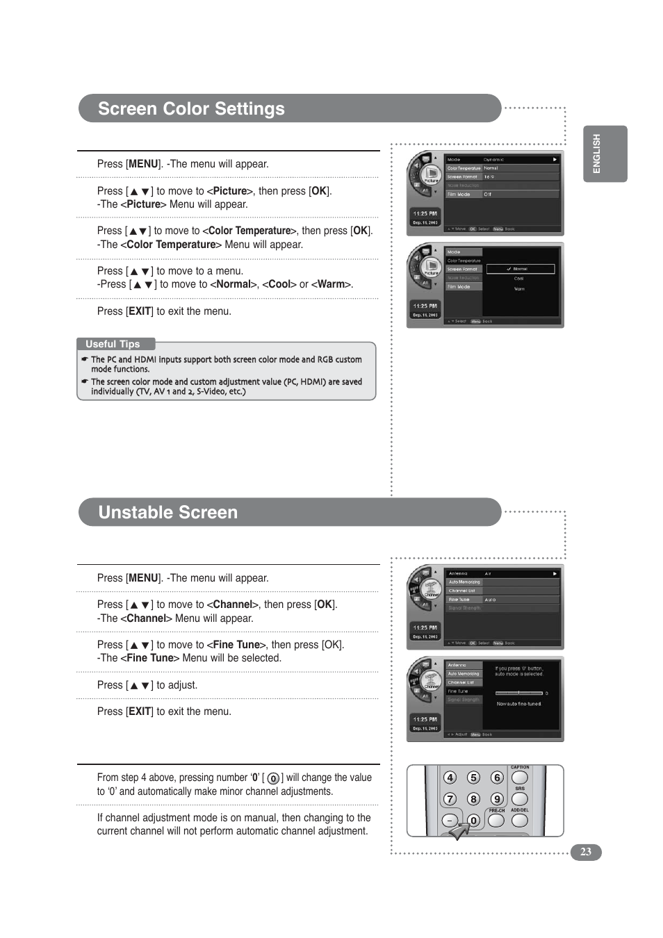 Screen color settings, Unstable screen, 12 undoing a channel adjustment | COBY electronic TF-TV3709 User Manual | Page 23 / 44
