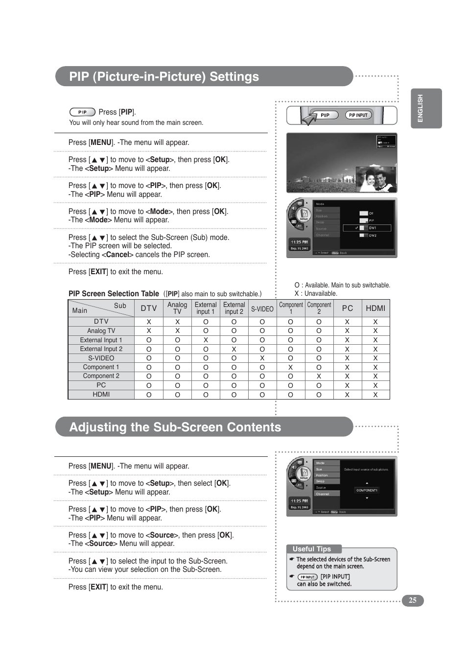 Pip (picture-in-picture) settings, Adjusting the sub-screen contents | COBY electronic TF-TV3709 User Manual | Page 25 / 44