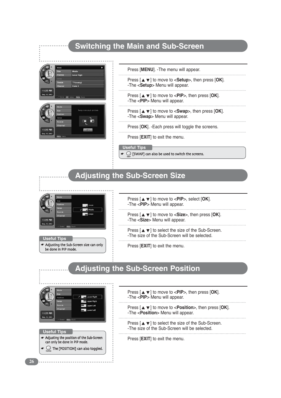 Switching the main and sub-screen, Adjusting the sub-screen size, Adjusting the sub-screen position | COBY electronic TF-TV3709 User Manual | Page 26 / 44