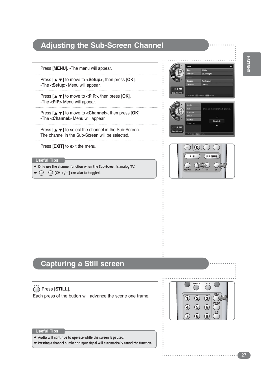 Adjusting the sub-screen channel, Capturing a still screen | COBY electronic TF-TV3709 User Manual | Page 27 / 44