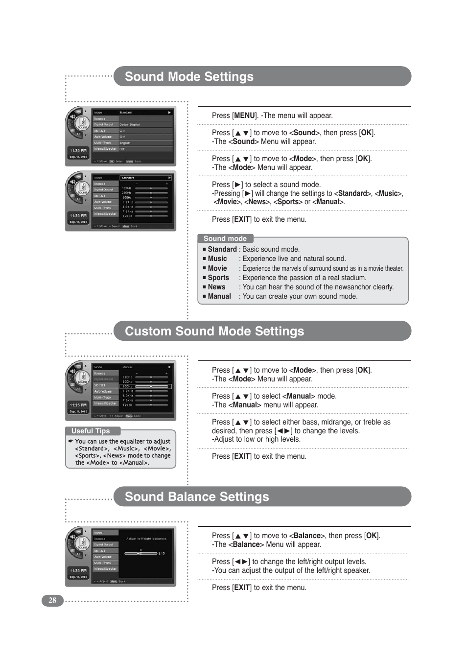 Sound mode settings, Custom sound mode settings, Sound balance settings | COBY electronic TF-TV3709 User Manual | Page 28 / 44