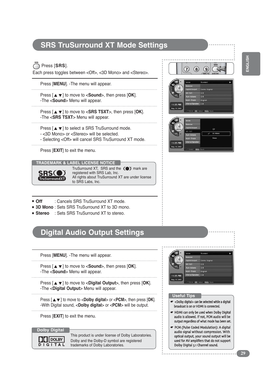 Srs trusurround xt mode settings, Digital audio output settings, Srs trusurround xt | COBY electronic TF-TV3709 User Manual | Page 29 / 44