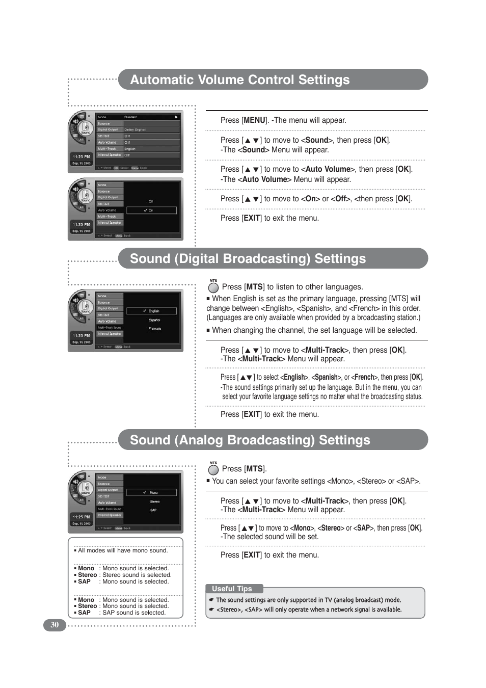 Automatic volume control settings, Sound (digital broadcasting) settings, Sound (analog broadcasting) settings | COBY electronic TF-TV3709 User Manual | Page 30 / 44