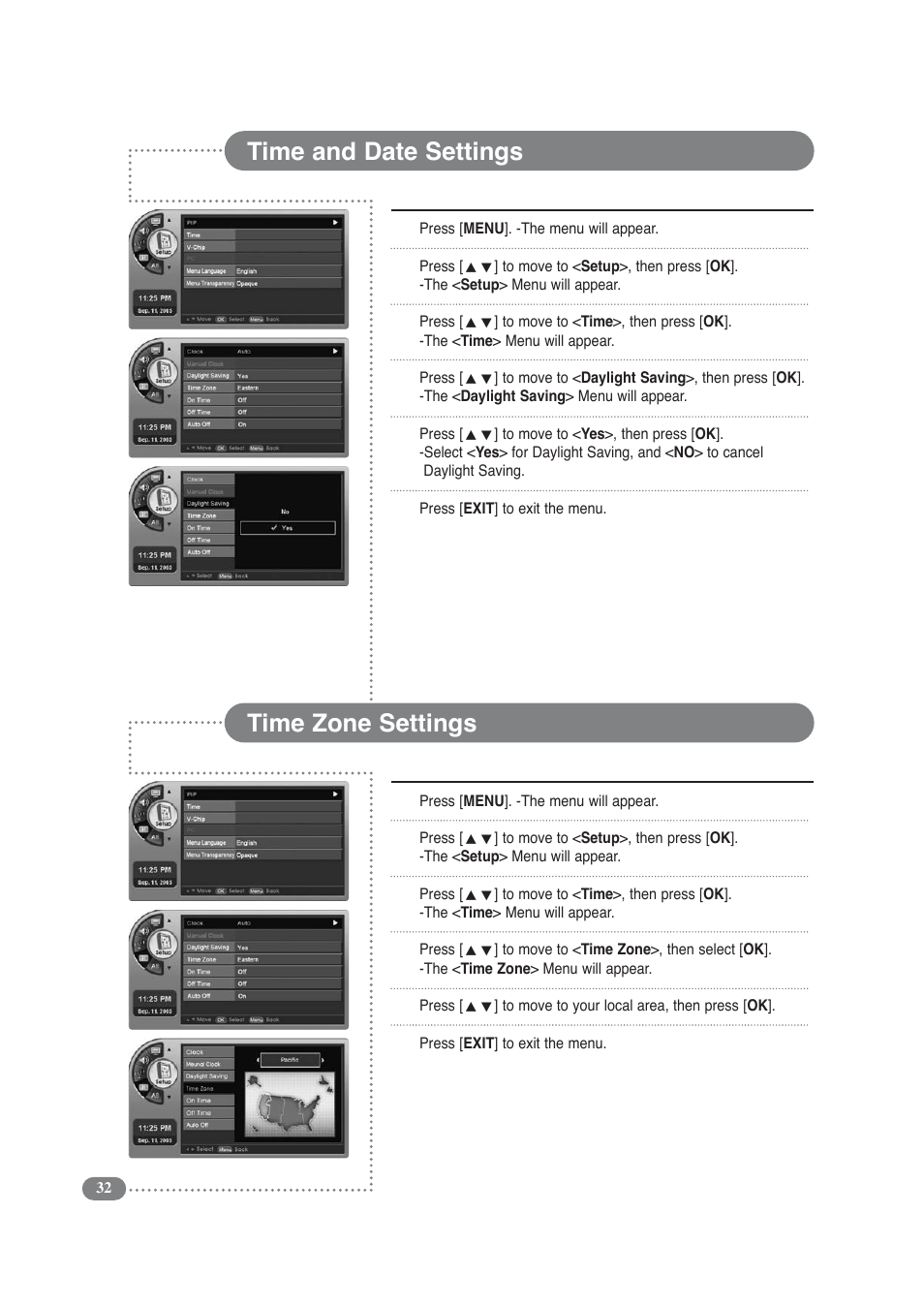 Time and date settings, Time zone settings | COBY electronic TF-TV3709 User Manual | Page 32 / 44