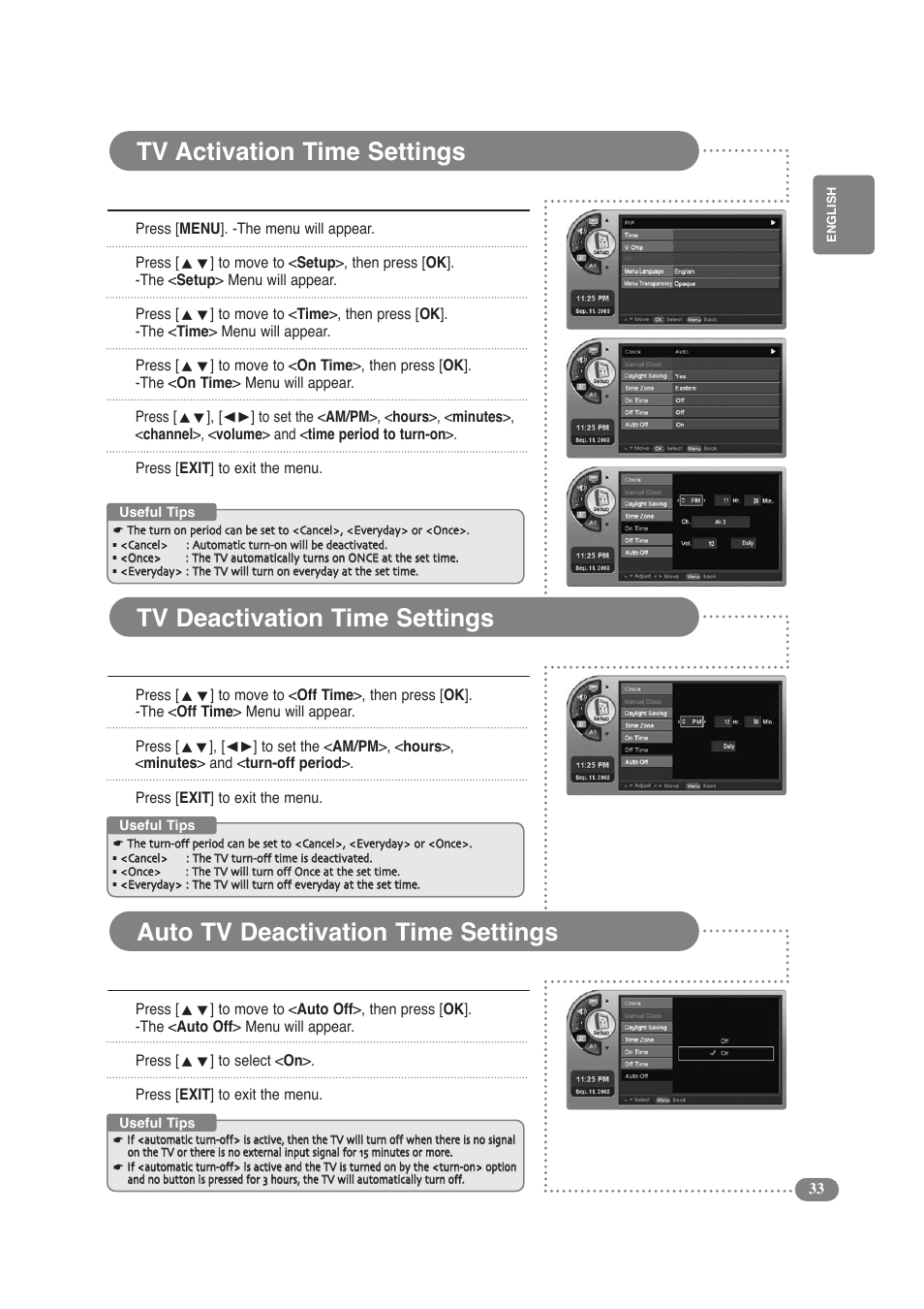 Tv activation time settings, Tv deactivation time settings, Auto tv deactivation time settings | COBY electronic TF-TV3709 User Manual | Page 33 / 44