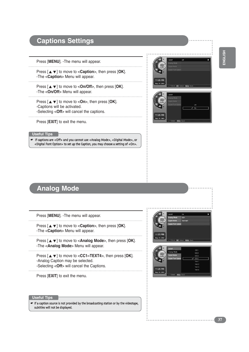 Captions settings, Analog mode | COBY electronic TF-TV3709 User Manual | Page 37 / 44