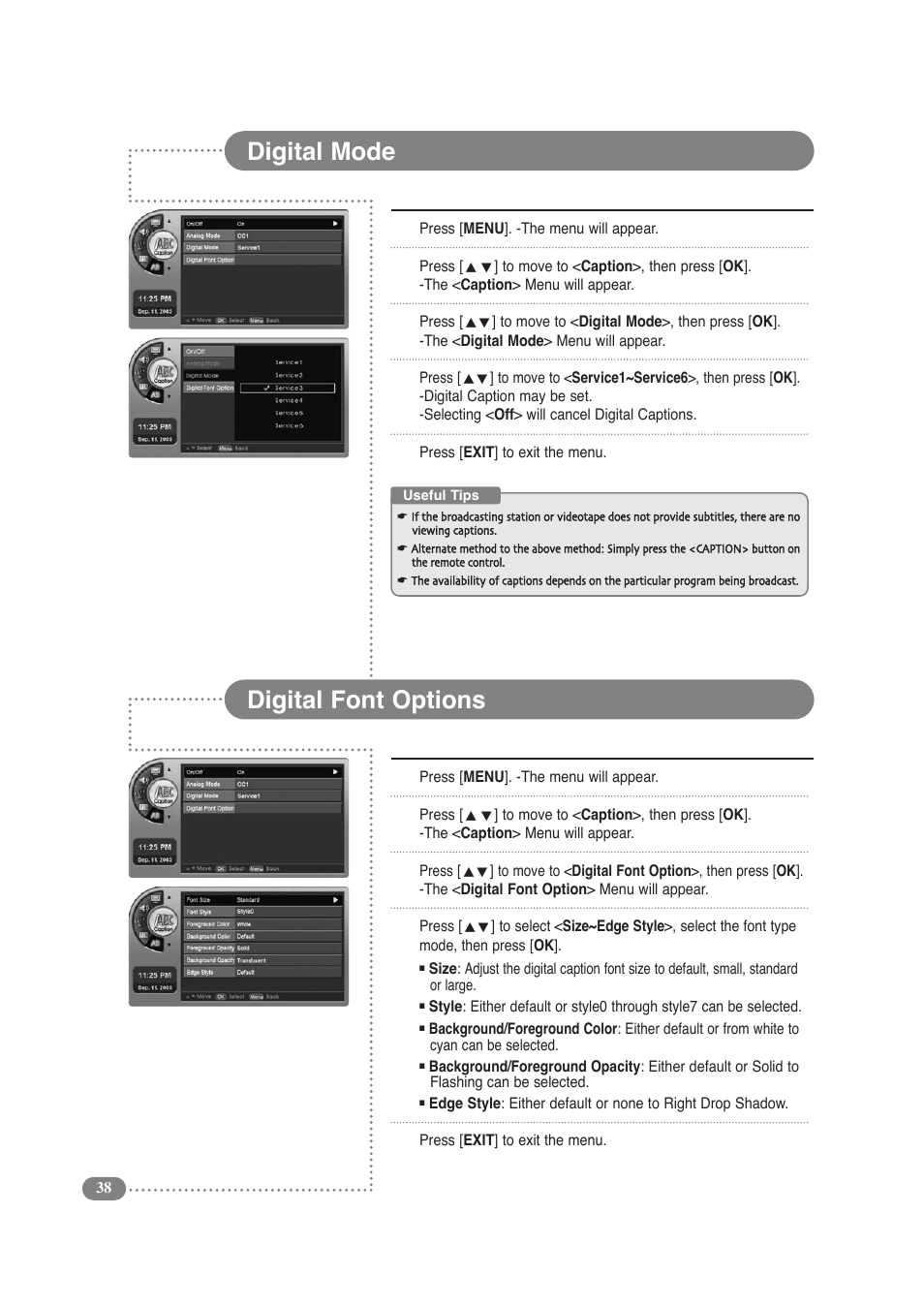 Digital mode, Digital font options | COBY electronic TF-TV3709 User Manual | Page 38 / 44