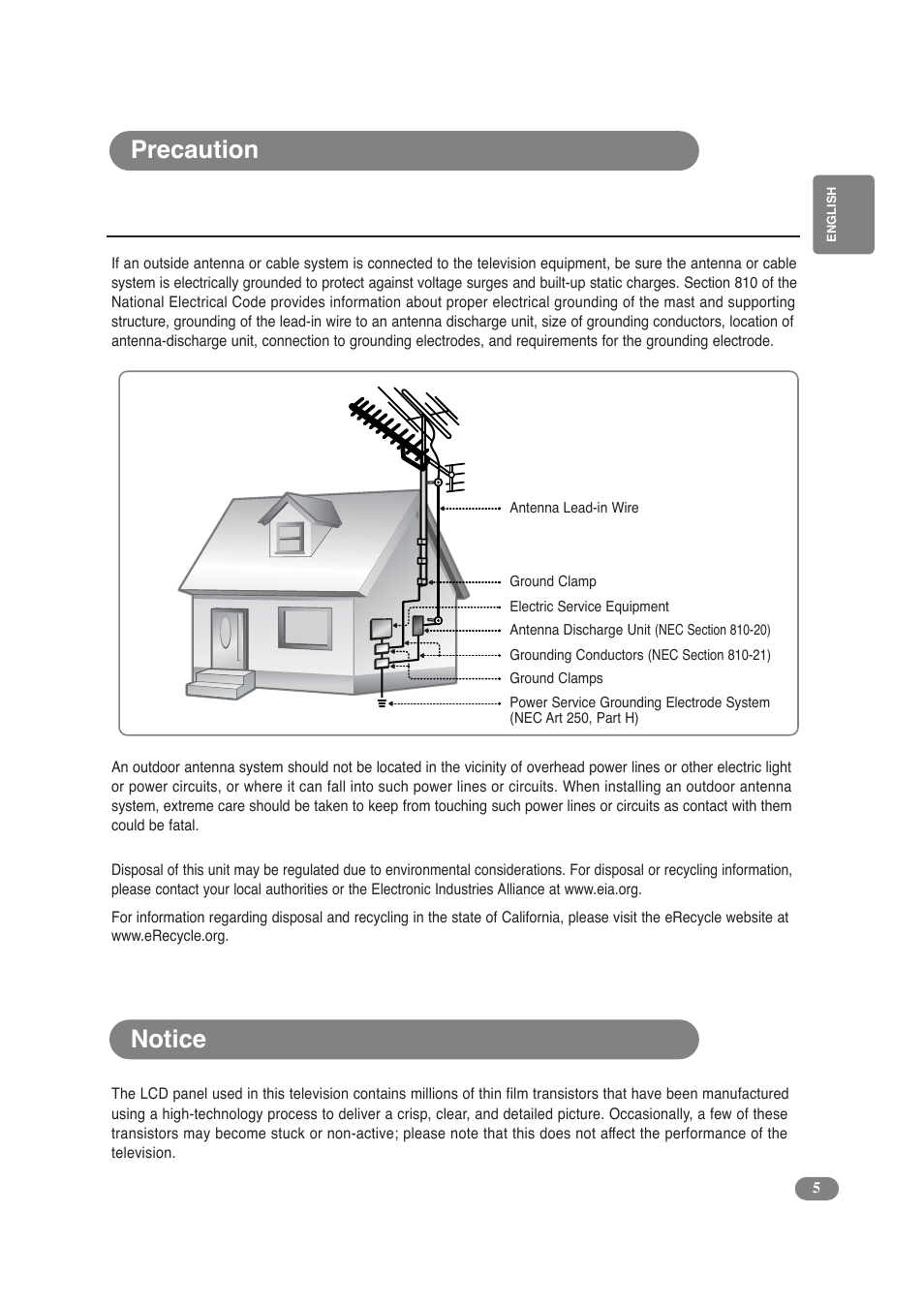Precaution, Notice | COBY electronic TF-TV3709 User Manual | Page 5 / 44