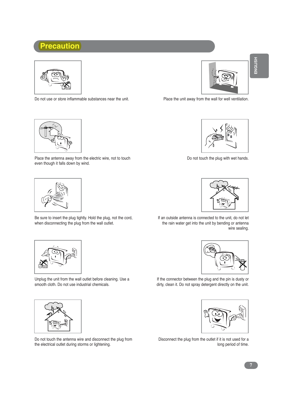 Precaution | COBY electronic TF-TV3709 User Manual | Page 7 / 44