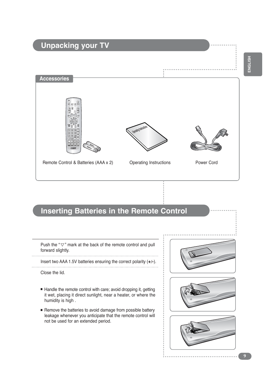 Unpacking your tv, Inserting batteries in the remote control | COBY electronic TF-TV3709 User Manual | Page 9 / 44