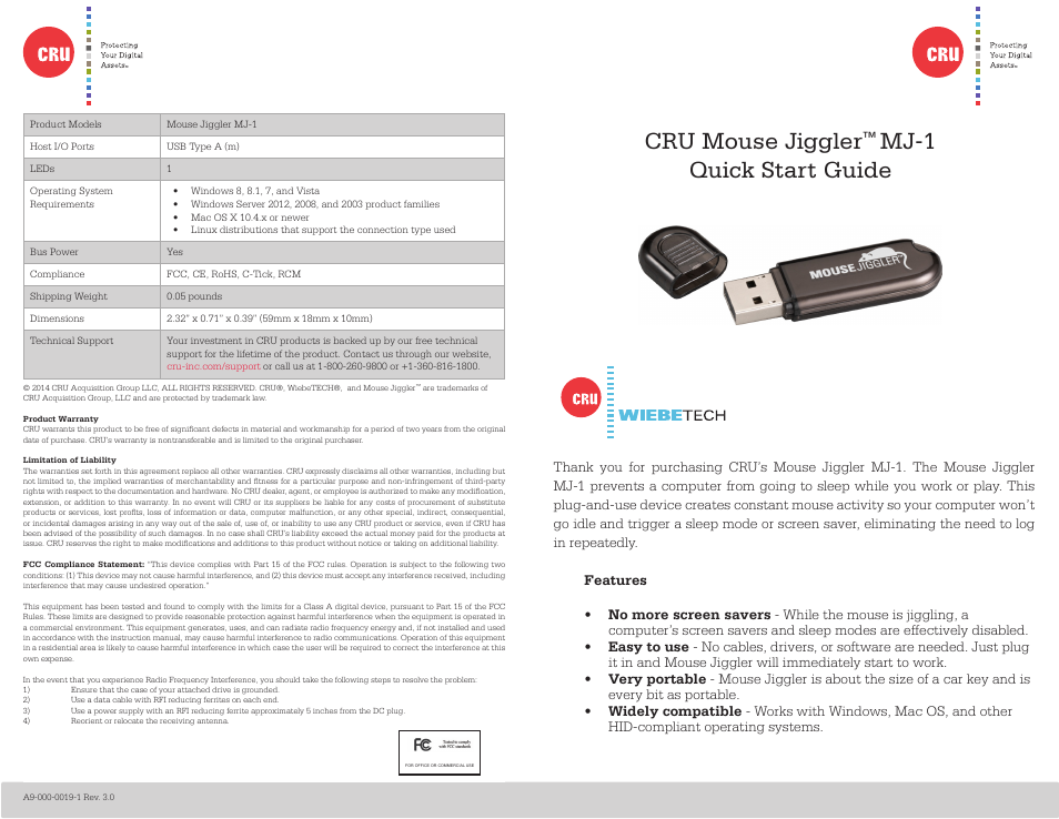 CRU Mouse Jiggler User Manual | 2 pages