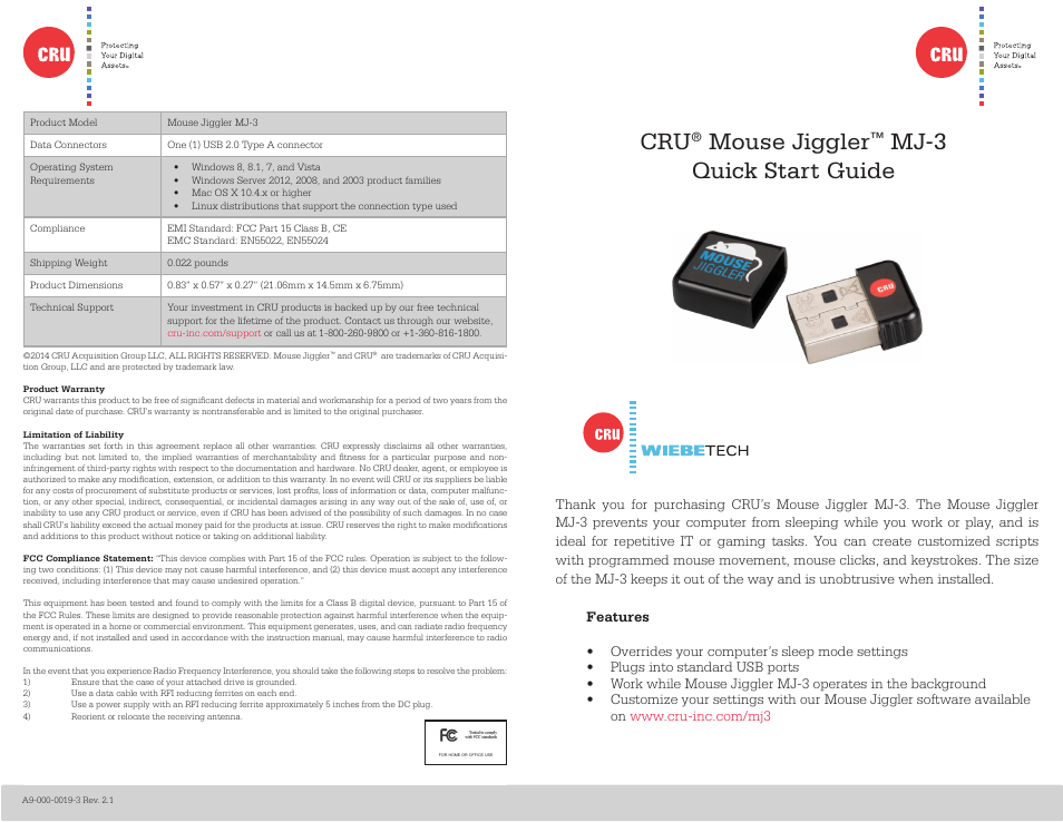 CRU Mouse Jiggler User Manual | 2 pages
