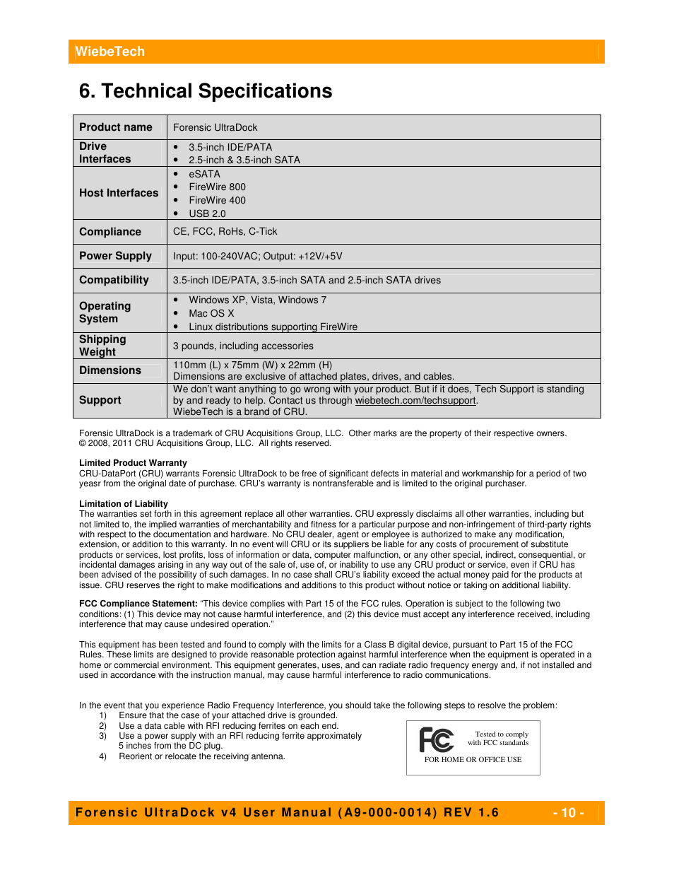 Technical specifications, Wiebetech | CRU Forensic UltraDock v4 User Manual | Page 10 / 10