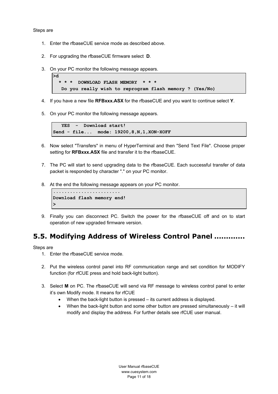 Modifying address of wireless control panel | CUE rfbaseCUE User Manual | Page 11 / 18