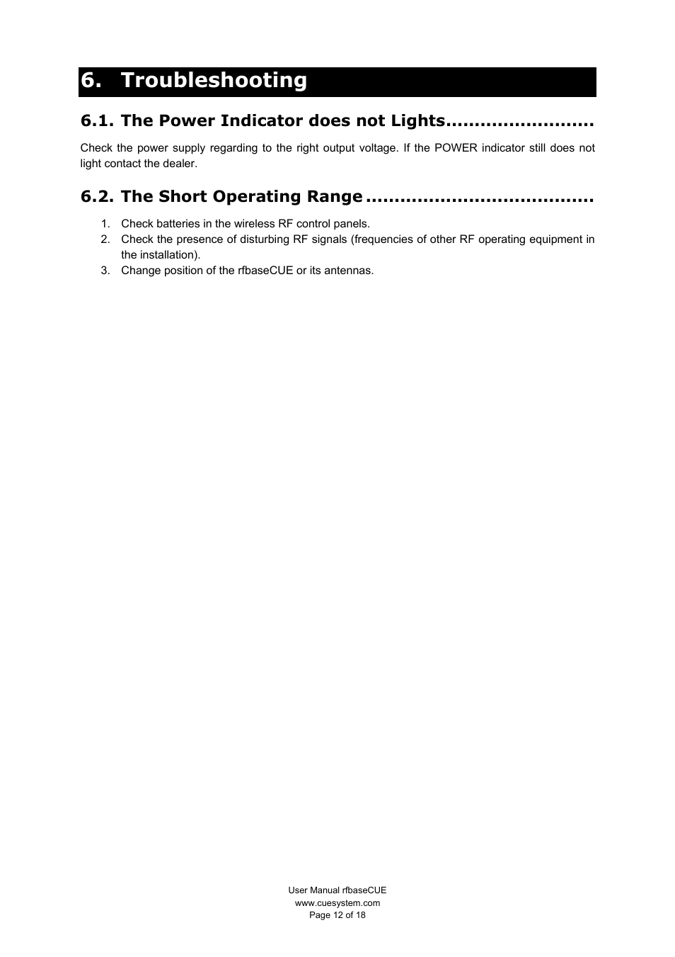 Troubleshooting, The power indicator does not lights, The short operating range | CUE rfbaseCUE User Manual | Page 12 / 18