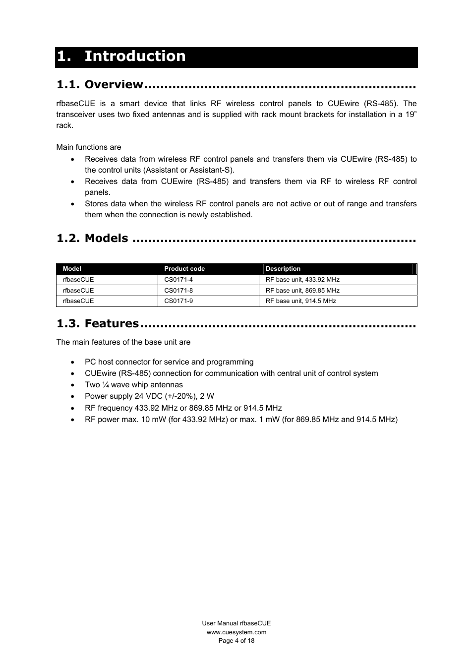 Introduction, Overview, Models | Features | CUE rfbaseCUE User Manual | Page 4 / 18