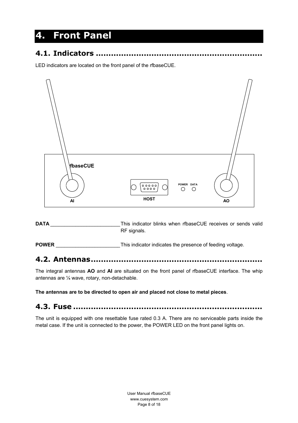 Front panel, Indicators, Antennas | Fuse | CUE rfbaseCUE User Manual | Page 8 / 18
