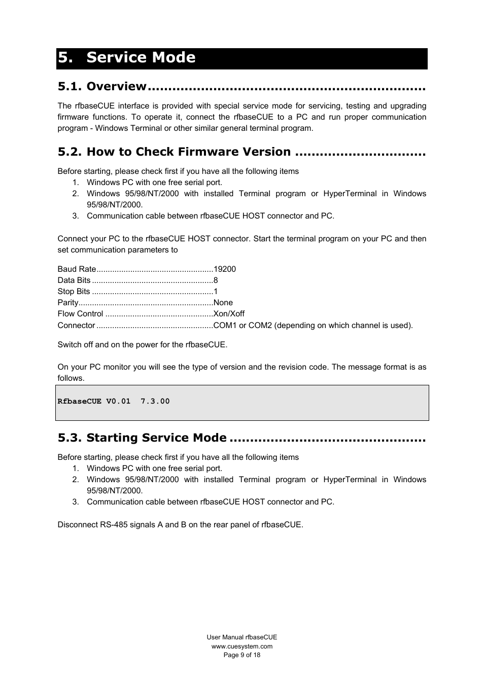 Service mode, Overview, How to check firmware version | Starting service mode | CUE rfbaseCUE User Manual | Page 9 / 18