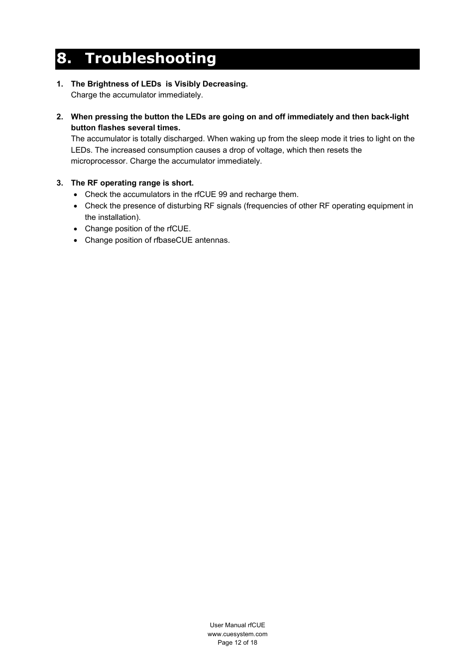 Troubleshooting | CUE rfCUE User Manual | Page 12 / 18