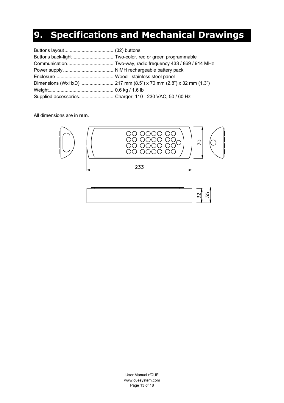 Specifications and mechanical drawings | CUE rfCUE User Manual | Page 13 / 18