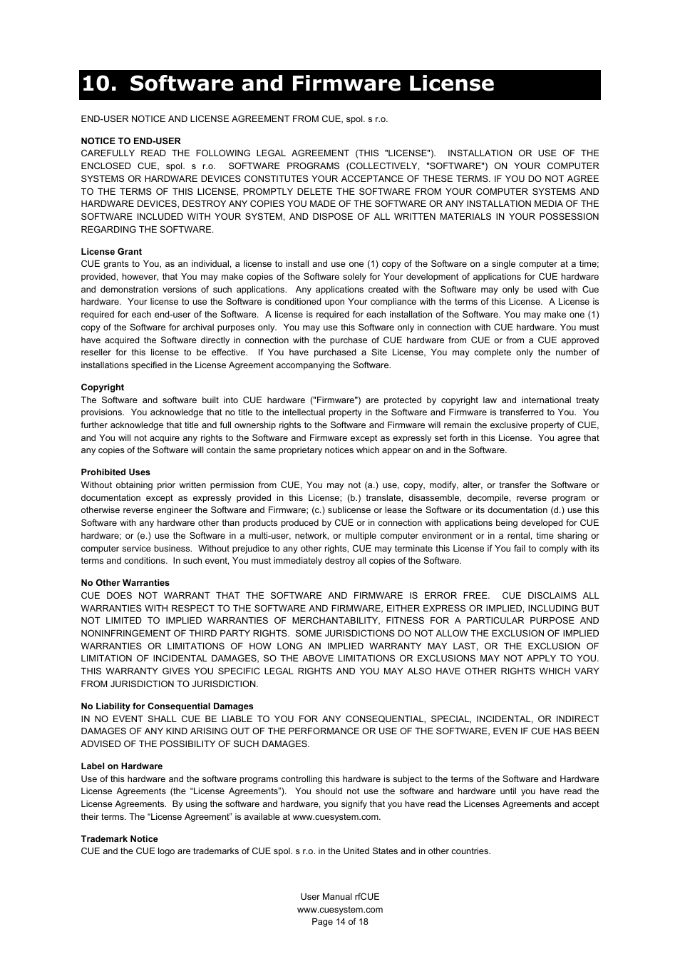 Software and firmware license | CUE rfCUE User Manual | Page 14 / 18