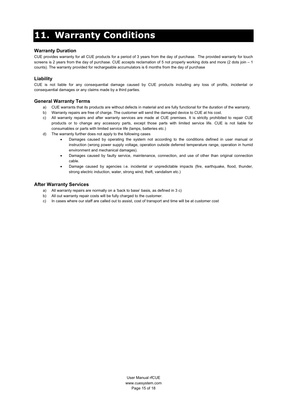 Warranty conditions | CUE rfCUE User Manual | Page 15 / 18