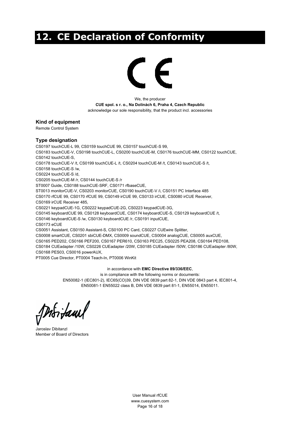 Ce declaration of conformity | CUE rfCUE User Manual | Page 16 / 18