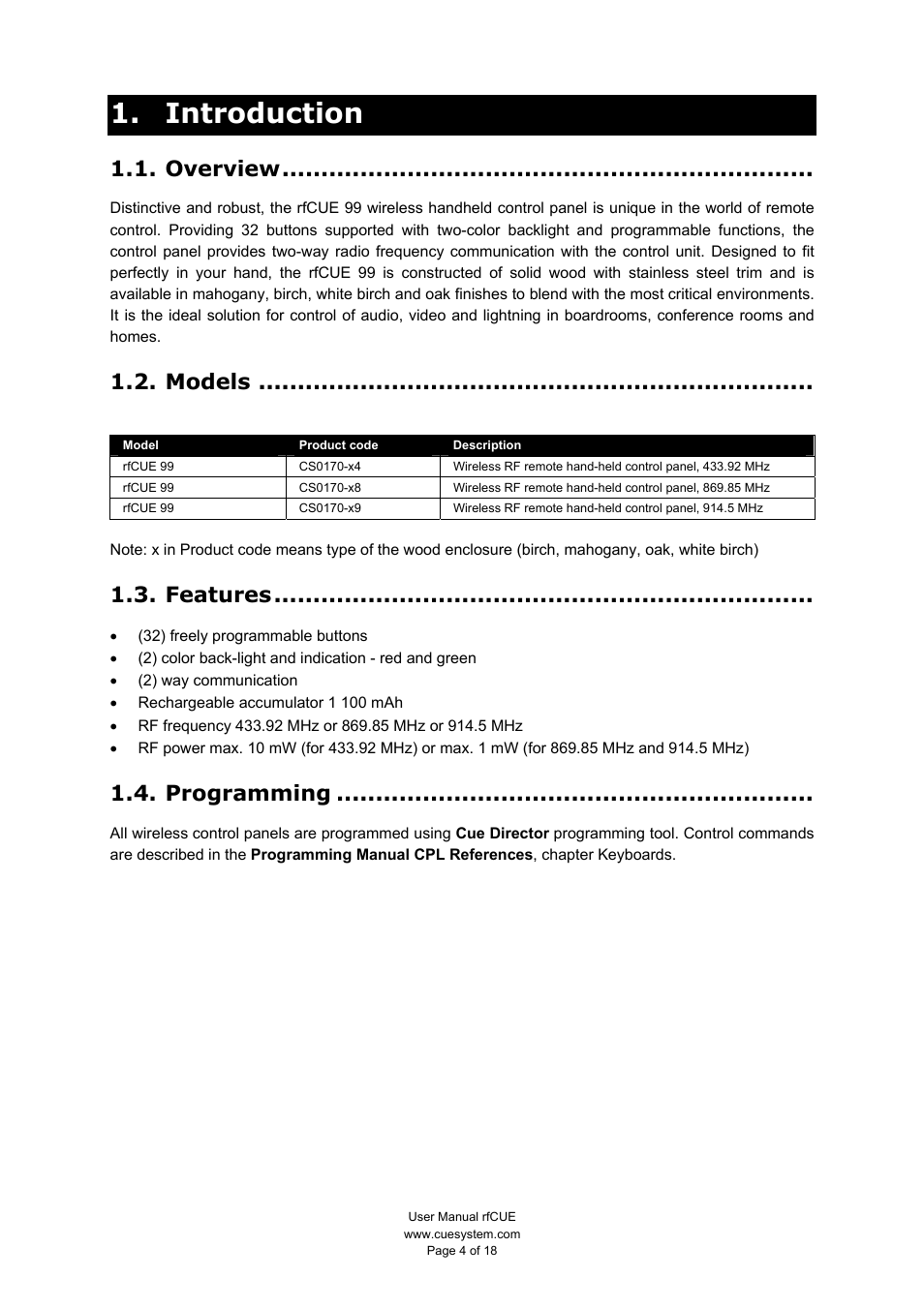 Introduction, Overview, Models | Features, Programming | CUE rfCUE User Manual | Page 4 / 18