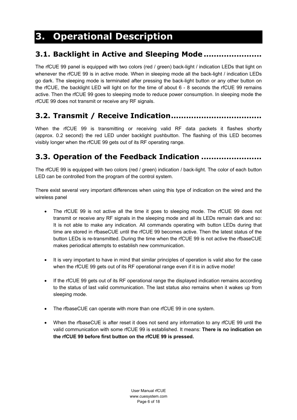 Operational description, Backlight in active and sleeping mode, Transmit / receive indication | Operation of the feedback indication | CUE rfCUE User Manual | Page 6 / 18