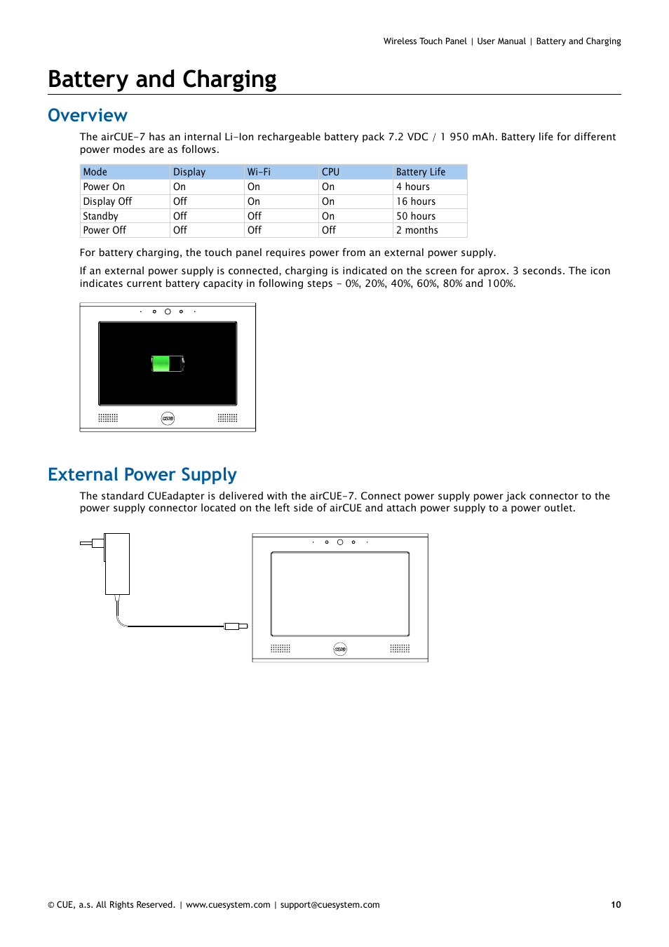 Battery and charging, Overview, External power supply | 10 overview 10 external power supply | CUE Wireless Touch Panel User Manual | Page 10 / 34