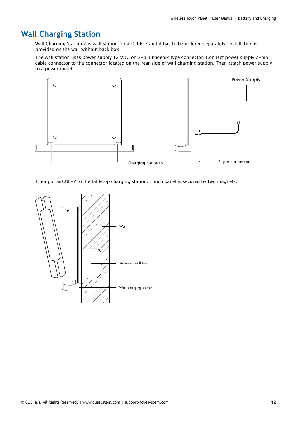 Wall charging station, 12 wall charging station | CUE Wireless Touch Panel User Manual | Page 12 / 34