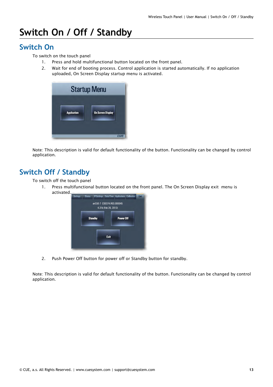 Switch on / off / standby, Switch on, Switch off / standby | 13 switch on 13 switch off / standby | CUE Wireless Touch Panel User Manual | Page 13 / 34