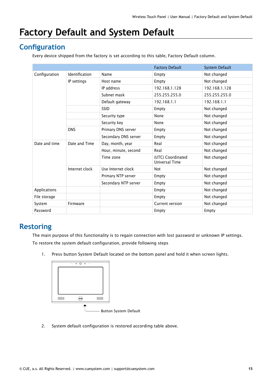 Factory default and system default, Configuration, Restoring | 15 configuration 15 restoring | CUE Wireless Touch Panel User Manual | Page 15 / 34