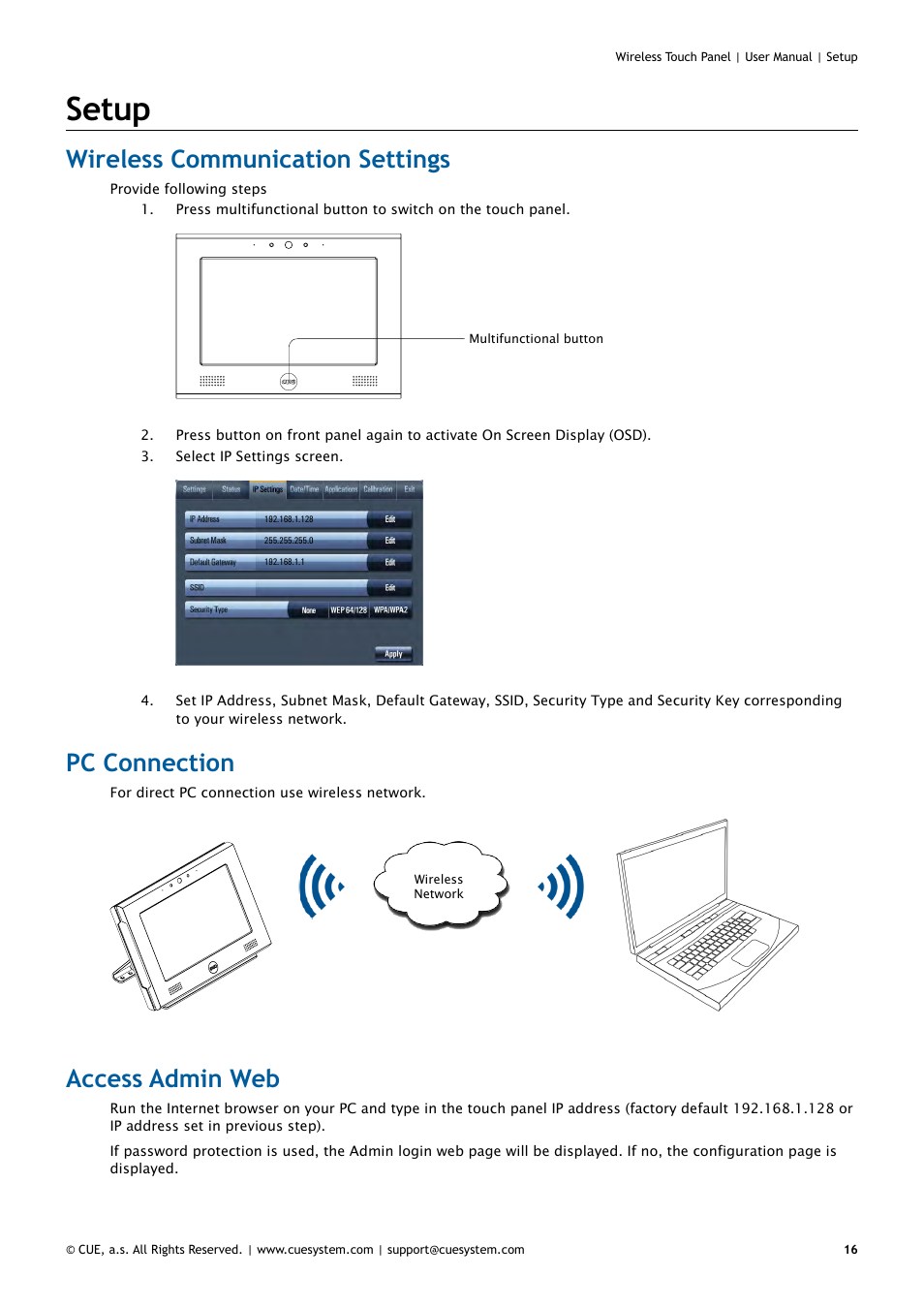 Setup, Wireless communication settings, Pc connection | Access admin web | CUE Wireless Touch Panel User Manual | Page 16 / 34