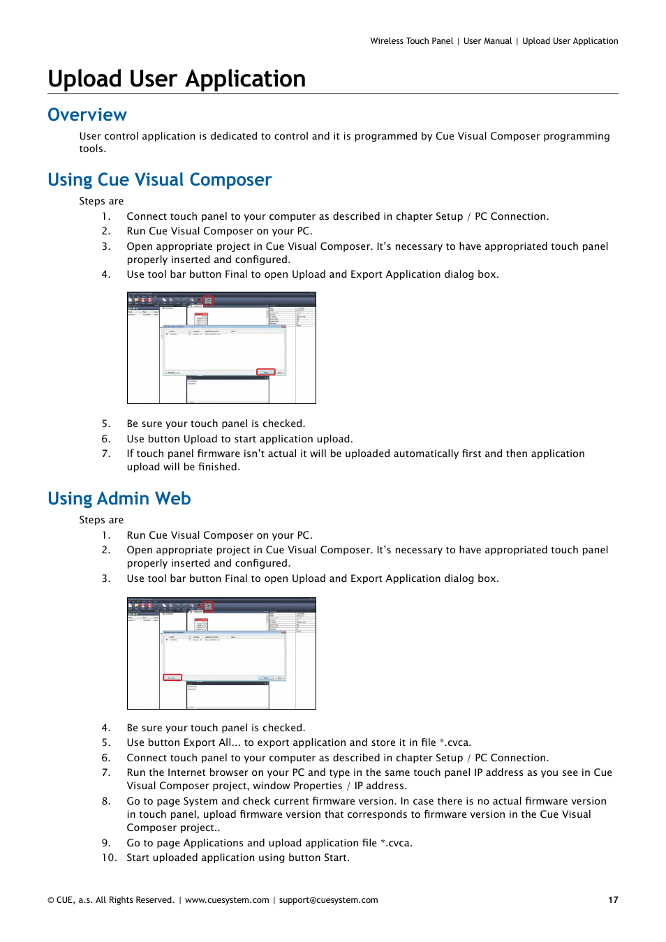 Upload user application, Overview, Using cue visual composer | Using admin web | CUE Wireless Touch Panel User Manual | Page 17 / 34