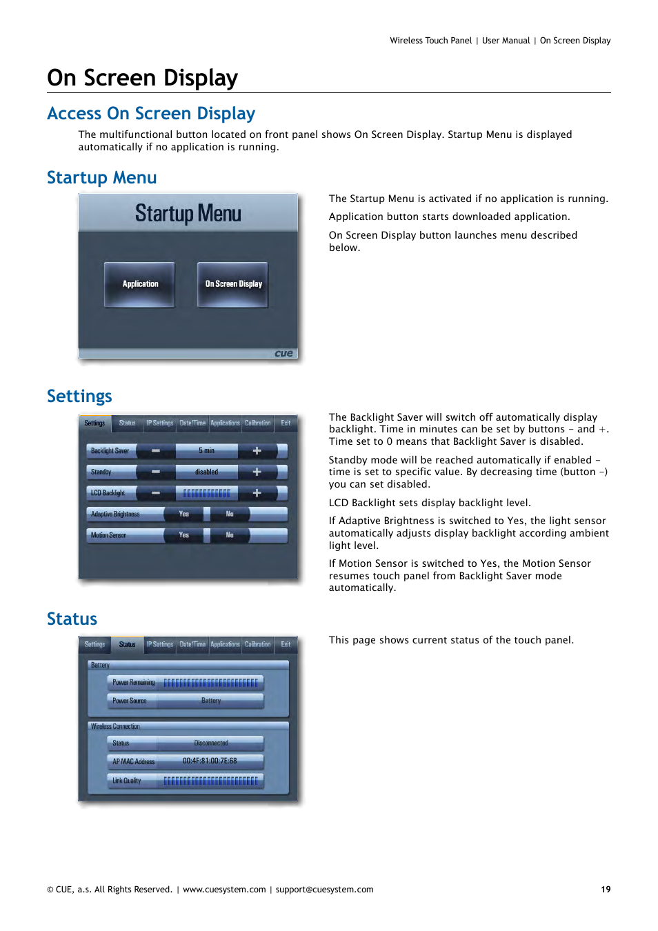 On screen display, Access on screen display, Startup menu | Settings, Status | CUE Wireless Touch Panel User Manual | Page 19 / 34