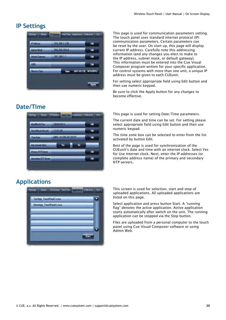 Ip settings, Date/time, Applications | 20 ip settings 20 date/time 20 applications | CUE Wireless Touch Panel User Manual | Page 20 / 34