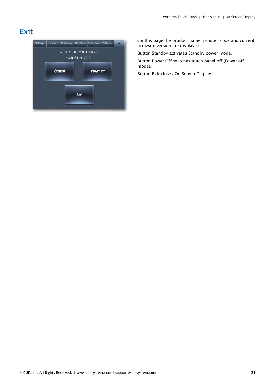 Exit, 21 exit | CUE Wireless Touch Panel User Manual | Page 21 / 34