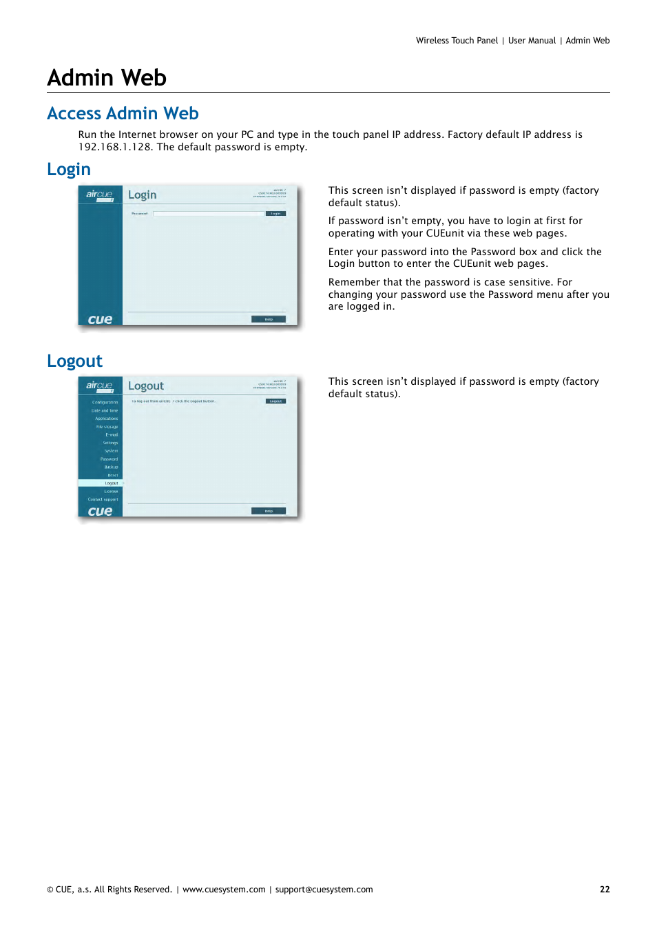 Admin web, Access admin web, Login | Logout, 22 access admin web 22 login 22 logout | CUE Wireless Touch Panel User Manual | Page 22 / 34