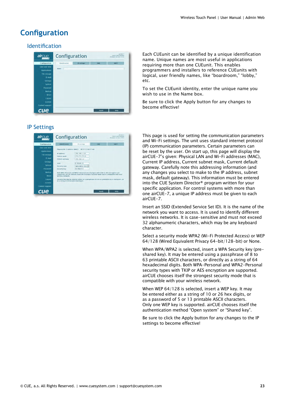 Configuration, 23 configuration, Identification | Ip settings | CUE Wireless Touch Panel User Manual | Page 23 / 34