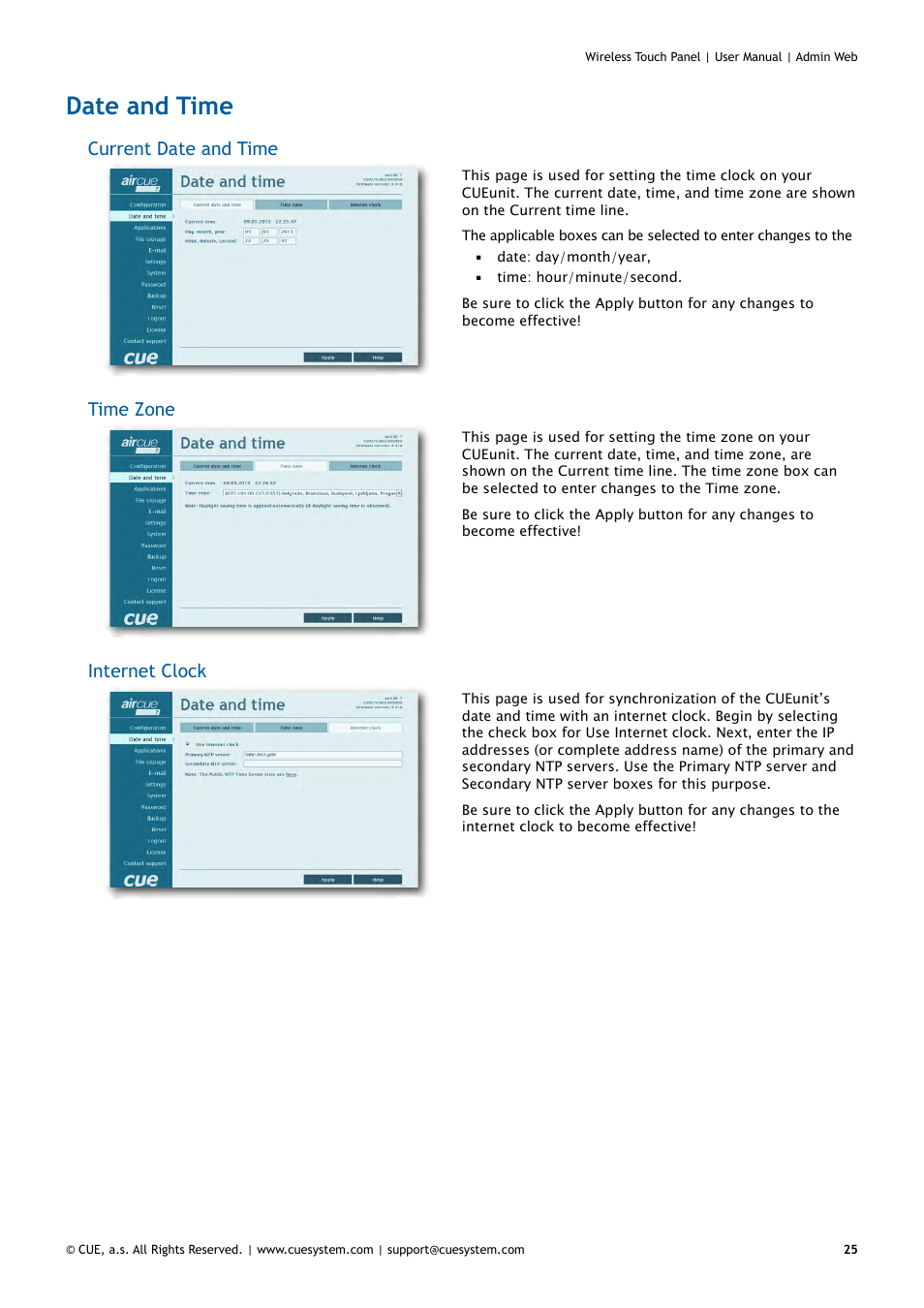 Date and time, 25 date and time, Current date and time | Time zone, Internet clock | CUE Wireless Touch Panel User Manual | Page 25 / 34