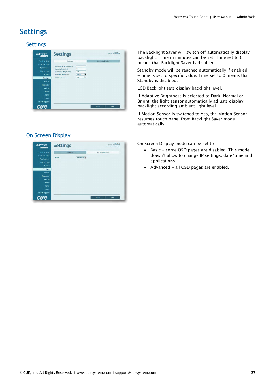 Settings, 27 settings, On screen display | CUE Wireless Touch Panel User Manual | Page 27 / 34