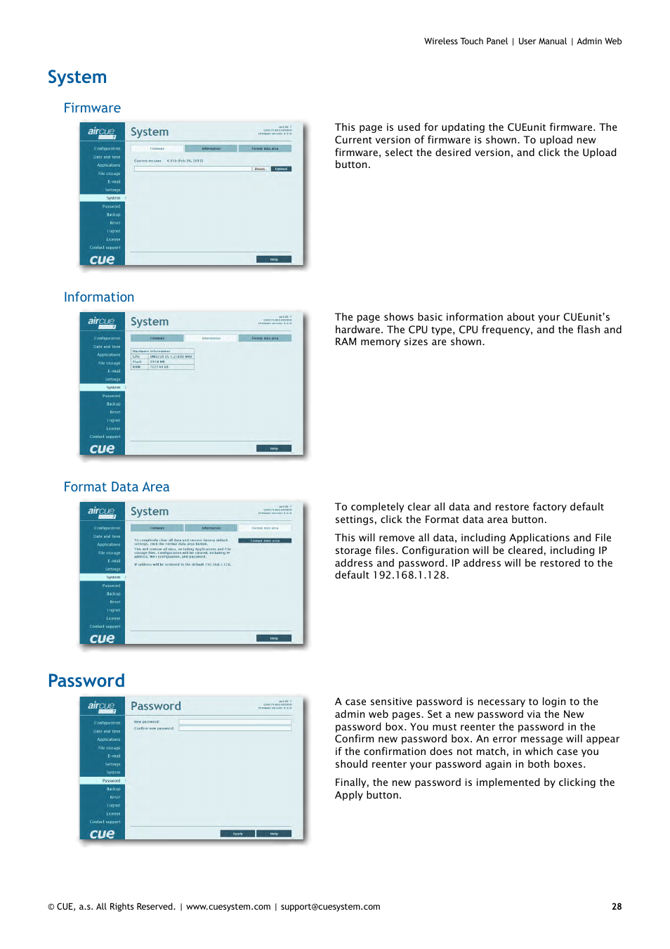 System, Password, 28 system 28 password | Firmware, Information, Format data area | CUE Wireless Touch Panel User Manual | Page 28 / 34