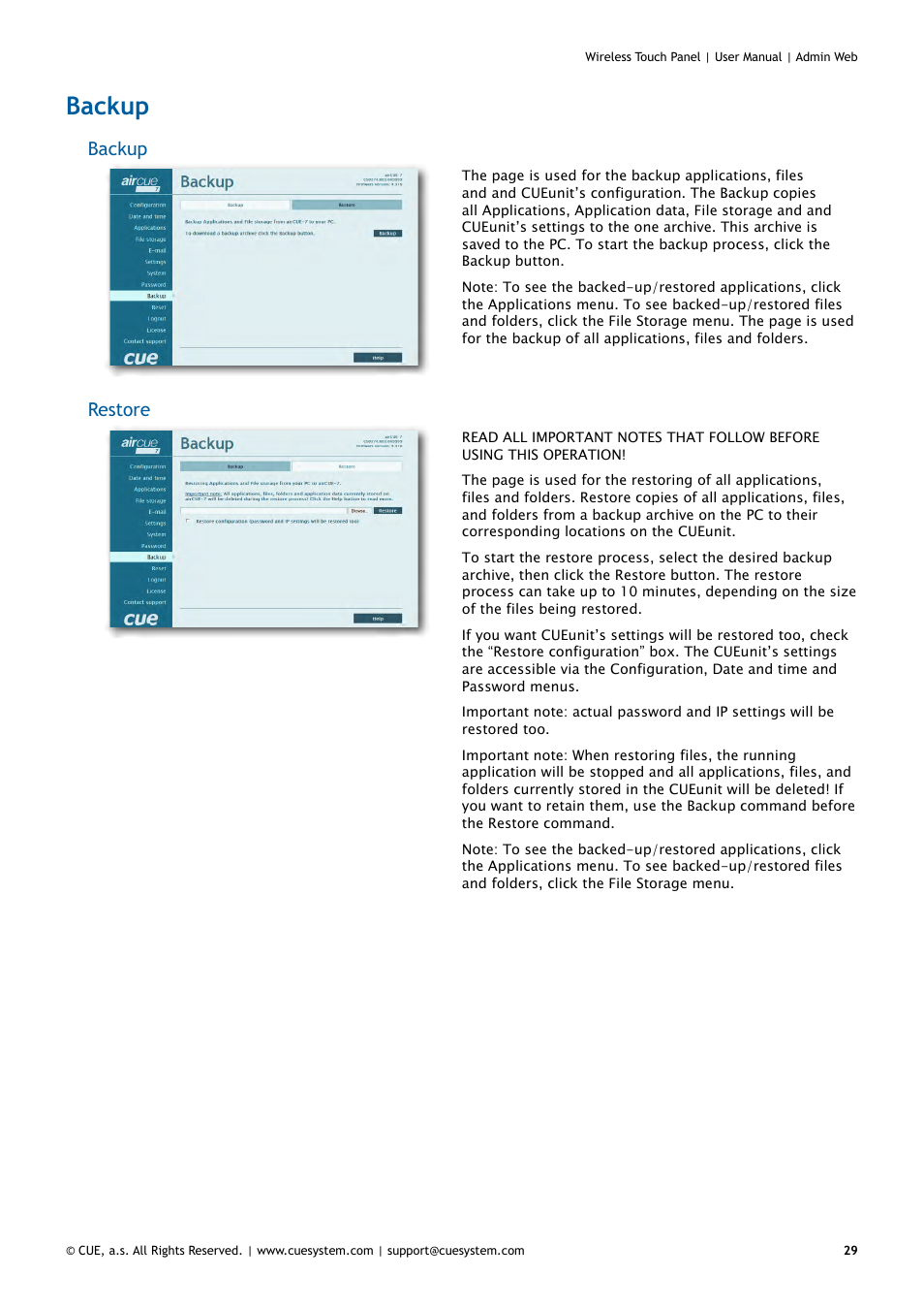 Backup, 29 backup, Restore | CUE Wireless Touch Panel User Manual | Page 29 / 34