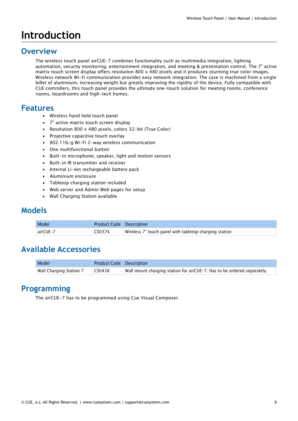 Introduction, Overview, Features | Models, Available accessories, Programming, 3 overview 3 features 3 models 3, 3 programming | CUE Wireless Touch Panel User Manual | Page 3 / 34