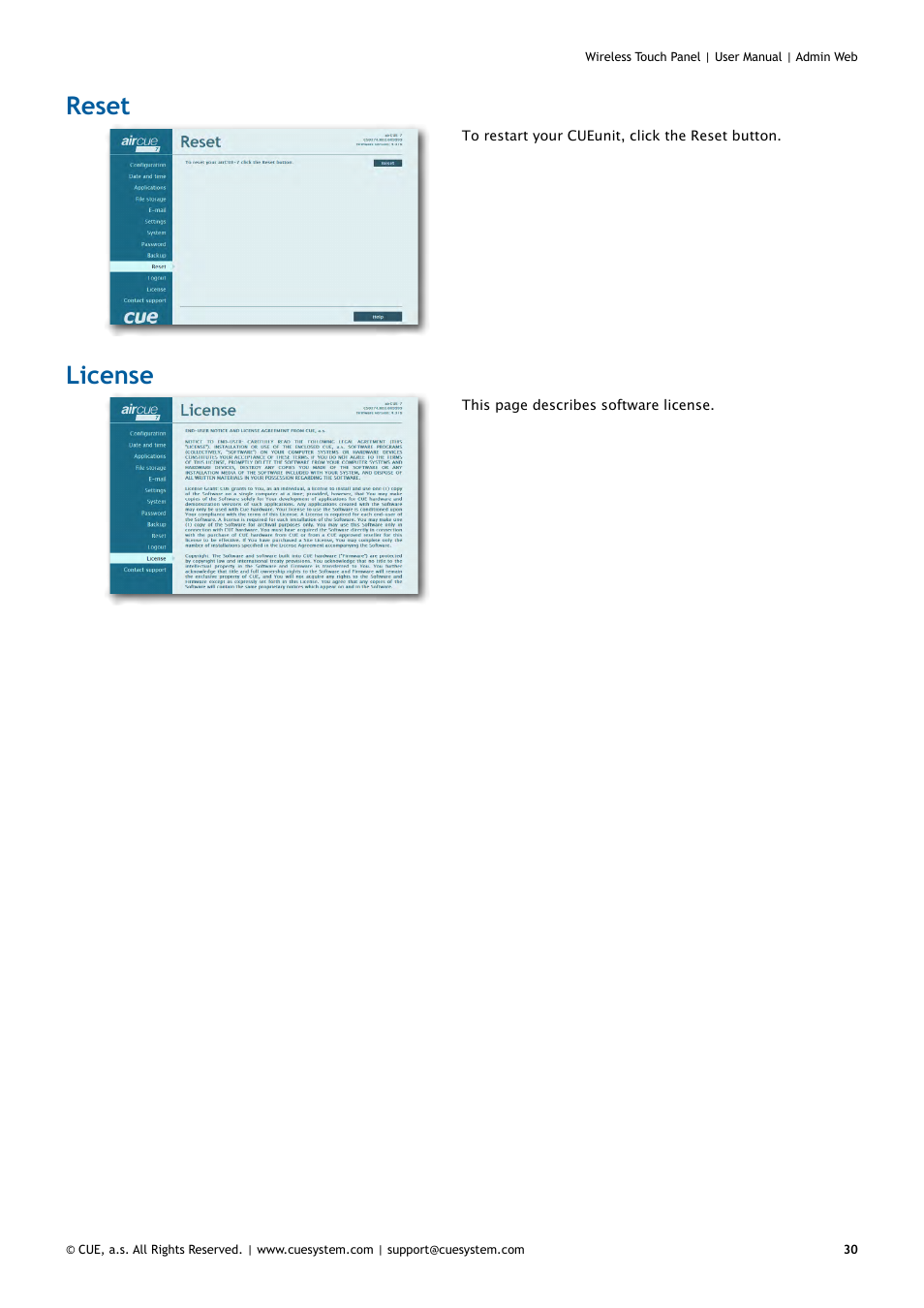 Reset, License, 30 reset 30 license | CUE Wireless Touch Panel User Manual | Page 30 / 34