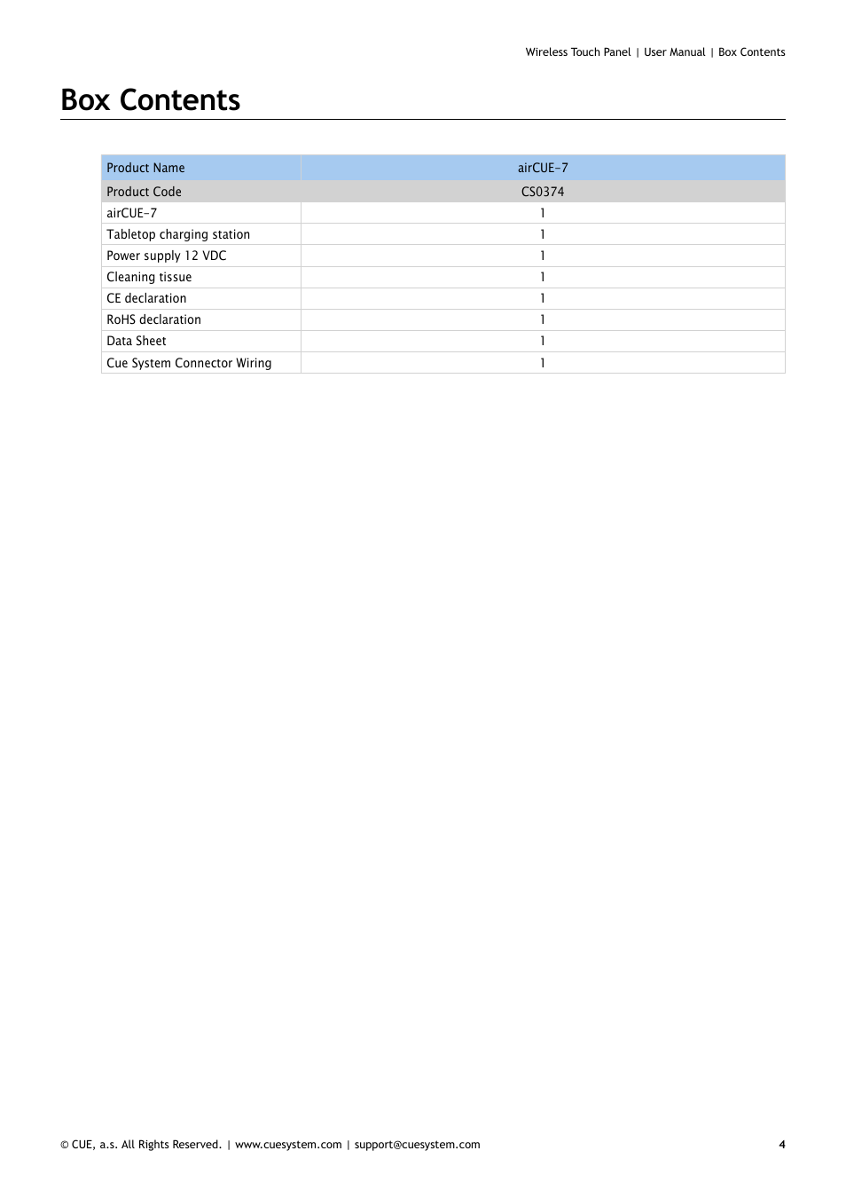 Box contents | CUE Wireless Touch Panel User Manual | Page 4 / 34