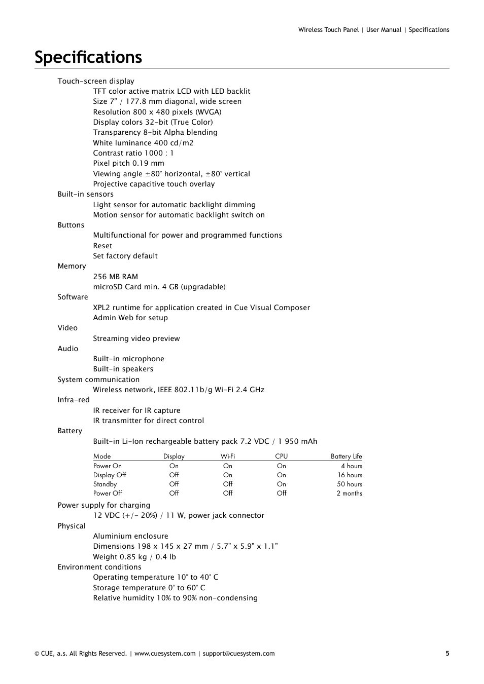 Specifications | CUE Wireless Touch Panel User Manual | Page 5 / 34