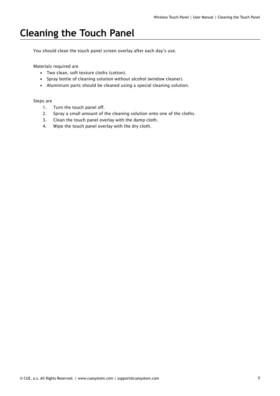 Cleaning the touch panel | CUE Wireless Touch Panel User Manual | Page 7 / 34