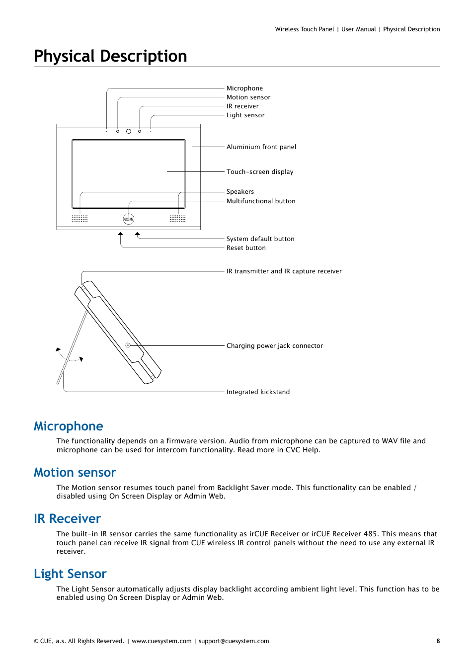 Physical description, Microphone, Motion sensor | Ir receiver, Light sensor, 8 microphone 8 | CUE Wireless Touch Panel User Manual | Page 8 / 34